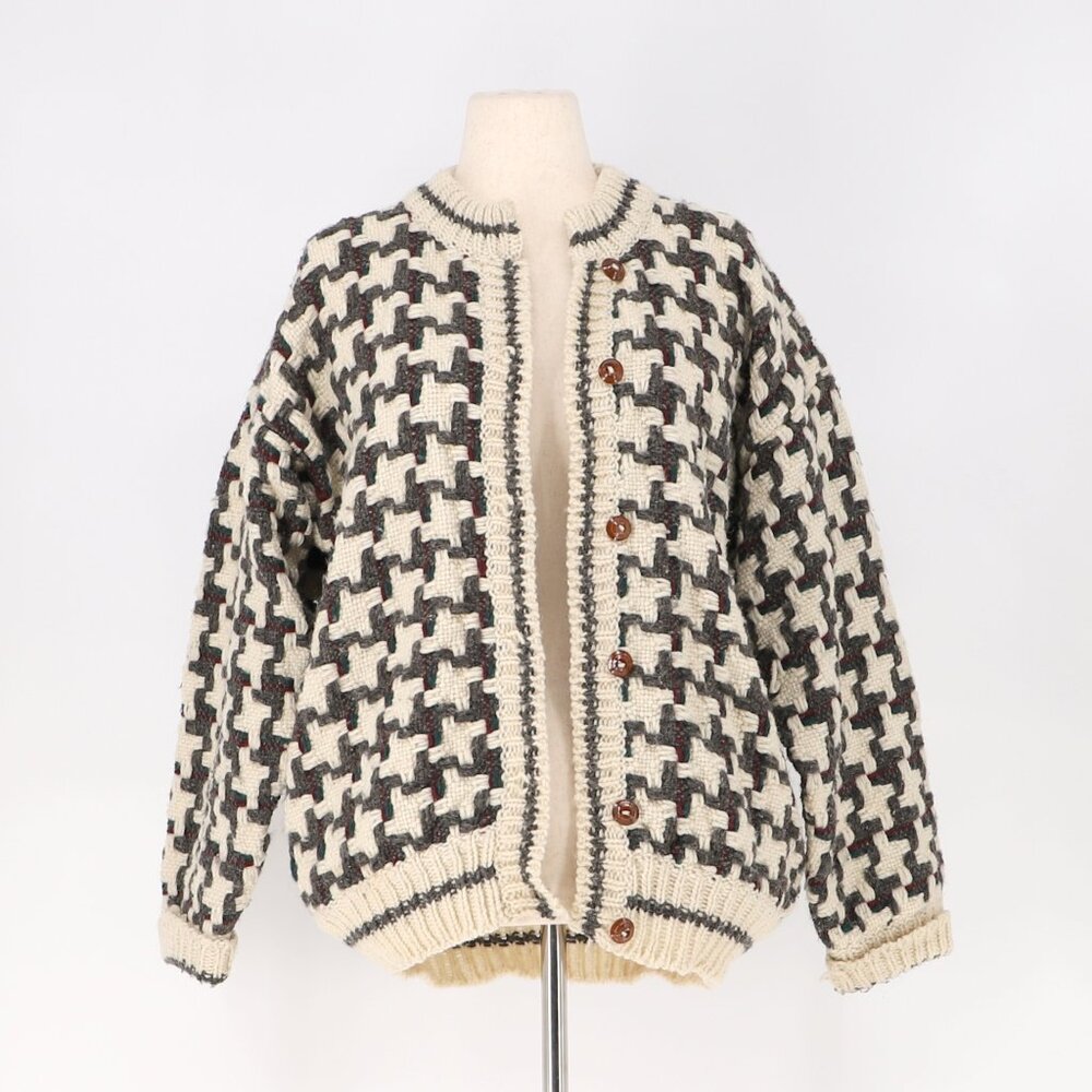 VINTAGE Women's Thick Knit Basketweave Button Front Cardigan Sweater Cream Brown - Picture 5 of 7